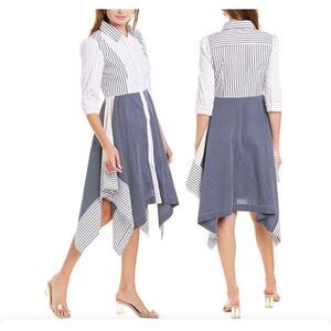 Gracia Women’s 3/4 Sleeves Stripe Asymmetric Midi Shirt Dress Medium Blue Tan Wh